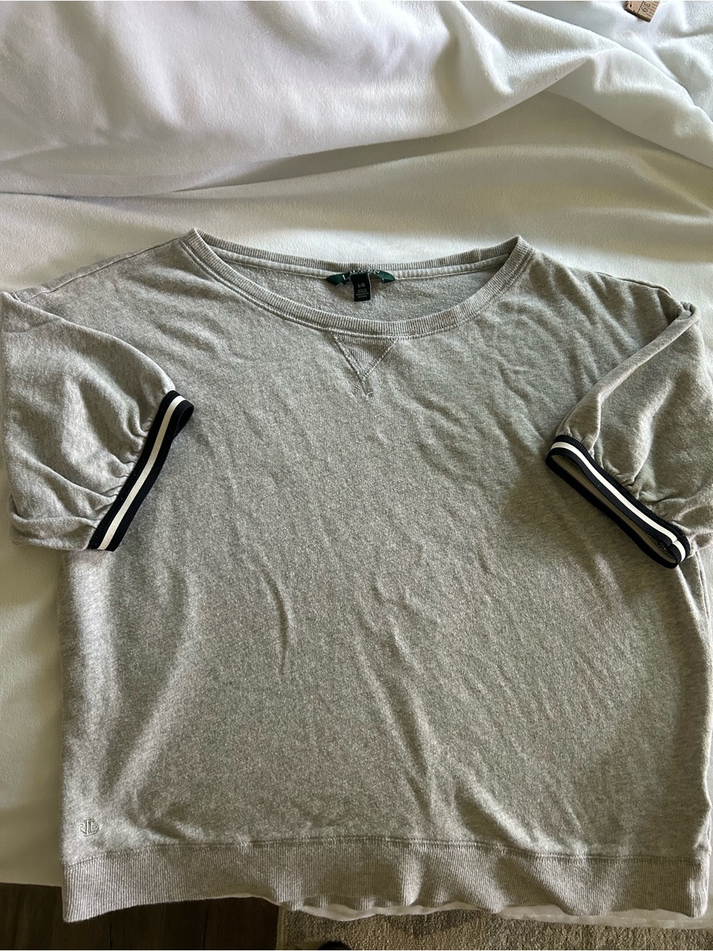 Lauren Ralph Lauren Light Gray Short Sleeve Sweatshirt with Navy Trim